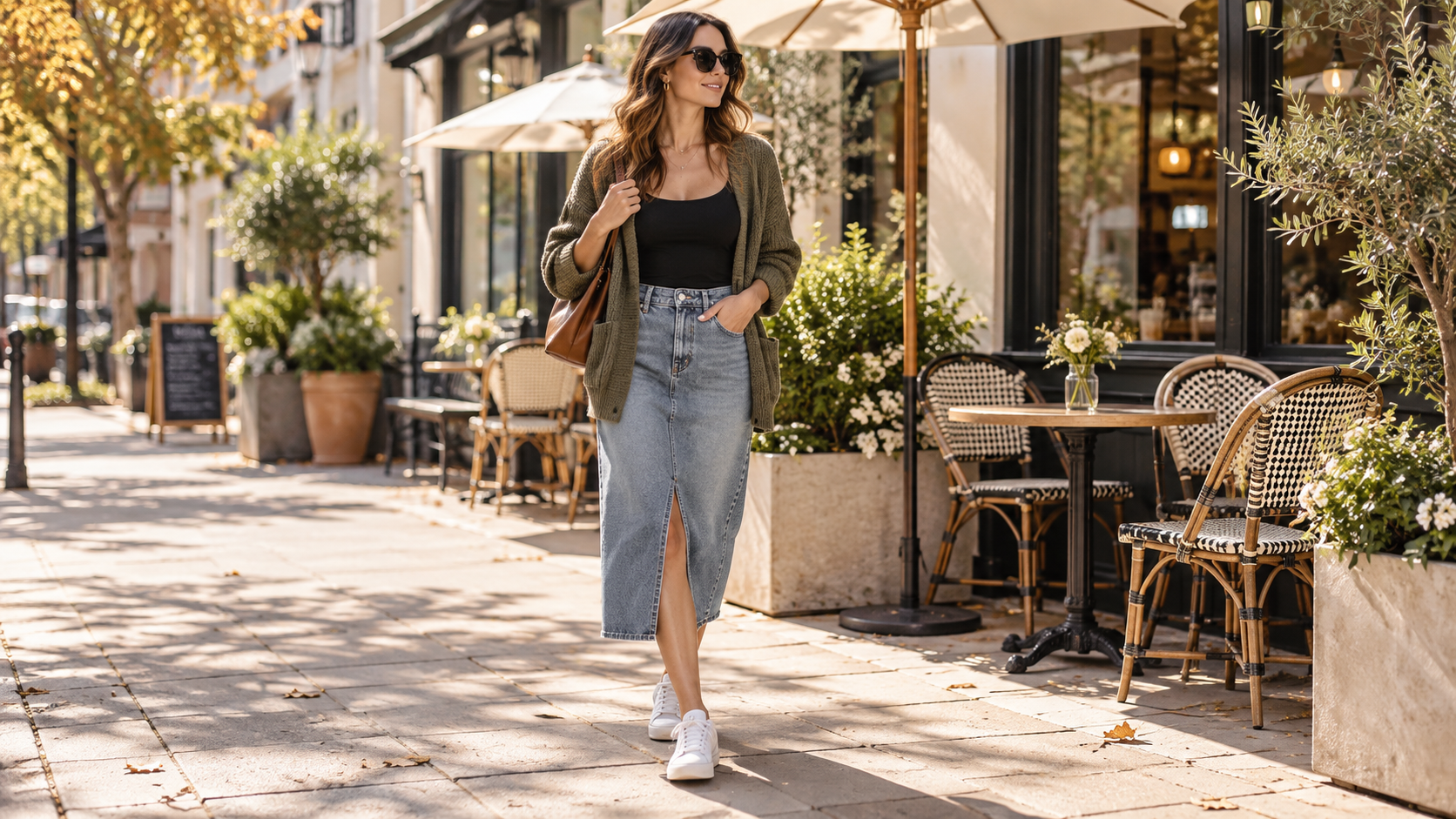 Black Tank with Denim Midi Skirt Olive Cardigan and White Sneakers